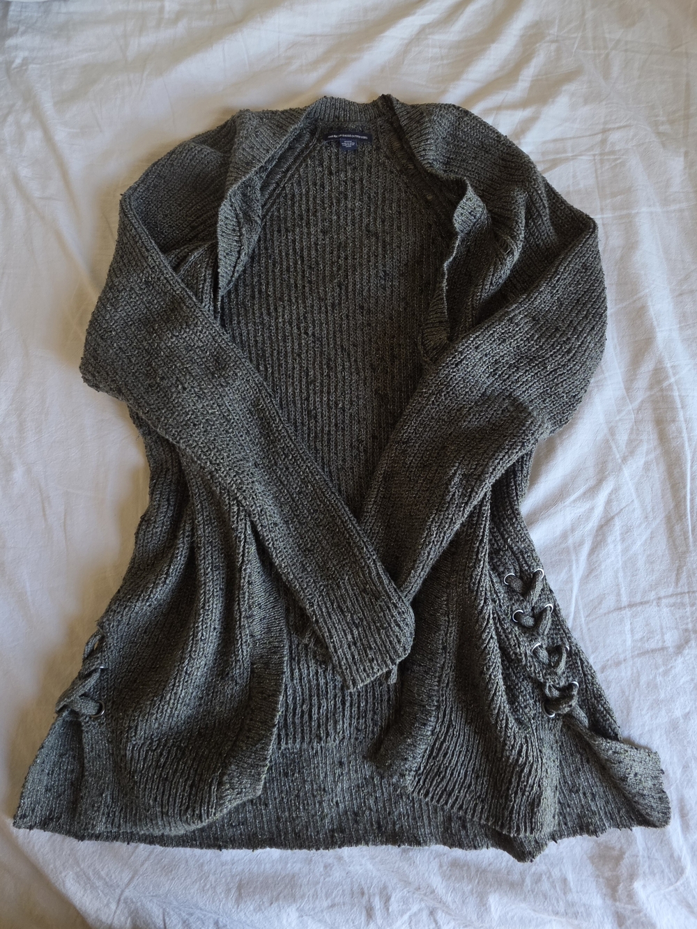 Grey-Green Open Front Knitted Cardigan - American Eagle
